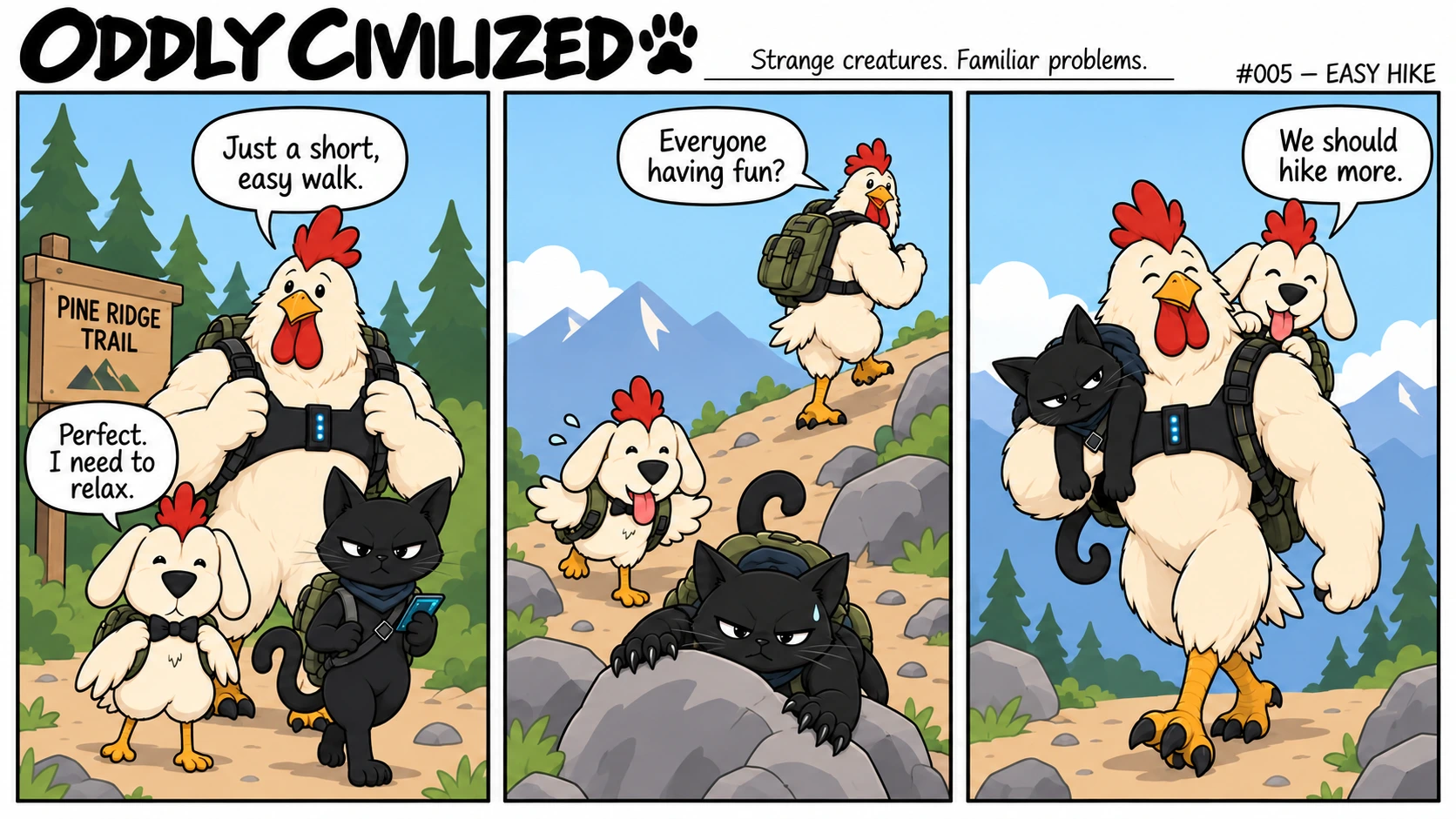 Rooster promises a short, easy hike. Cat struggles up the trail, and the hike ends with Rooster carrying both Cat and ChickenDog.