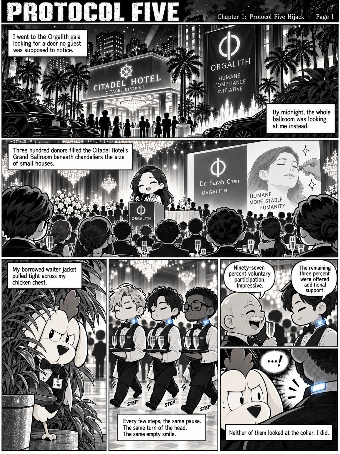 At the Citadel Hotel gala, ChickenDog observes the Orgalith presentation from behind a potted palm. The waiters wear glowing blue collars.